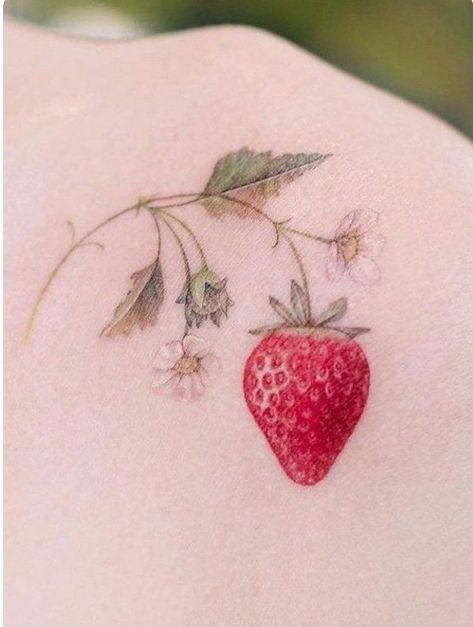 Kawaii Strawberry Tattoo, Strawberry Floral Tattoo, Strawberry Vine Tattoo Minimalist, Strawberry On Vine Tattoo, Straw Berry Tattoo, Strawberry And Lemon Tattoo, Vintage Strawberry Tattoo, Heart Shaped Tattoo Ideas, Strawberry Collarbone Tattoo