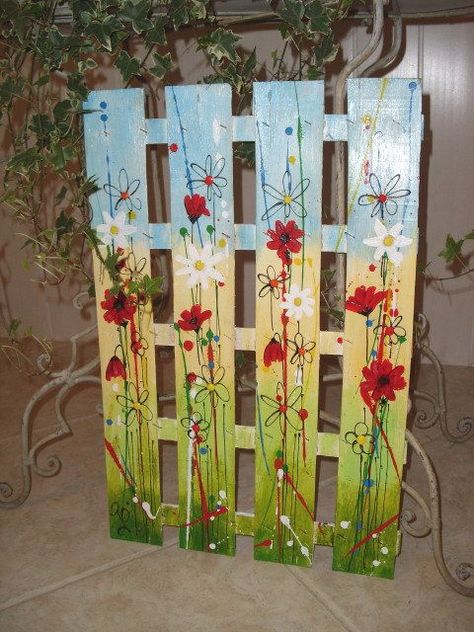 This would great as part of your flower bed landscaping.  #landscape ideas  #art  #wall art Acrylic Paint On Wood, Fence Art, Pallet Creations, Fence Paint, Pallet Crafts, Pallet Painting, Wooden Fence, Pallet Art, Whimsical Garden