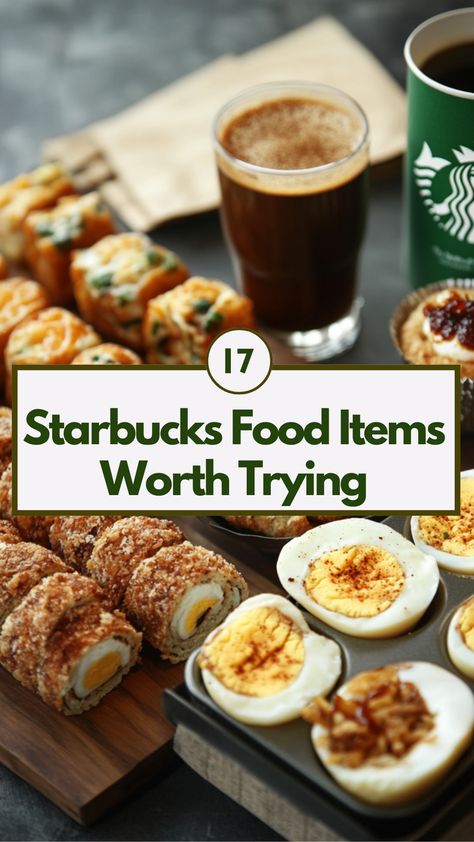 Assortment of Starbucks food items, including savory Egg Bites, hearty Protein Boxes, and sweet pastries, displayed alongside Starbucks coffee beverages, showcasing must-try menu options for breakfast, lunch, and snacks. Starbucks Breakfast Recipes, Starbucks Food Breakfast, Starbucks Food Menu, Protein Boxes, Starbucks Food, Artisan Rolls, Bakery Treats, Greek Yogurt Parfait, Lunch Options