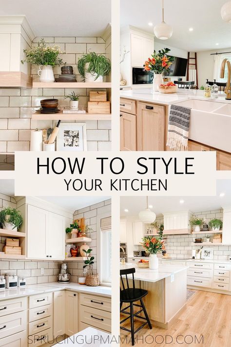 Learn how to style and decorate your Kitchen like a designer with these 7 tips! Boho Modern Farmhouse Kitchen, Boho Farmhouse Kitchen Decor, Neutral Farmhouse Kitchen, Style A Kitchen, Decorating Above Cabinets, Boho Farmhouse Kitchen, Kitchen Barstools, 1970s Kitchen Remodel, Farmhouse Kitchen Inspiration