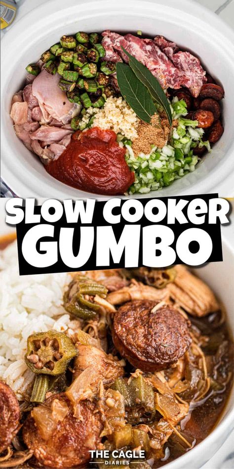 Crockpot Recipes Gumbo, Gumbo Crockpot Slow Cooker, Crockpot Gumbo Easy, Easy Gumbo Recipe Crockpot, Gumbo In Crockpot, Alligator Gumbo Recipe, Crockpot Gumbo Recipe, Crock Pot Gumbo, Cajun Potato Salad Recipe