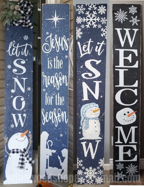 Winter Vertical Porch Sign, Diy Winter Wood Signs, Winter Wood Signs Diy Projects, Winter Wooden Signs Front Porches, Let It Snow Porch Leaner, Snowman Welcome Signs For Porch, Winter Outdoor Signs, Winter Wood Signs Front Porches, Let It Snow Porch Sign