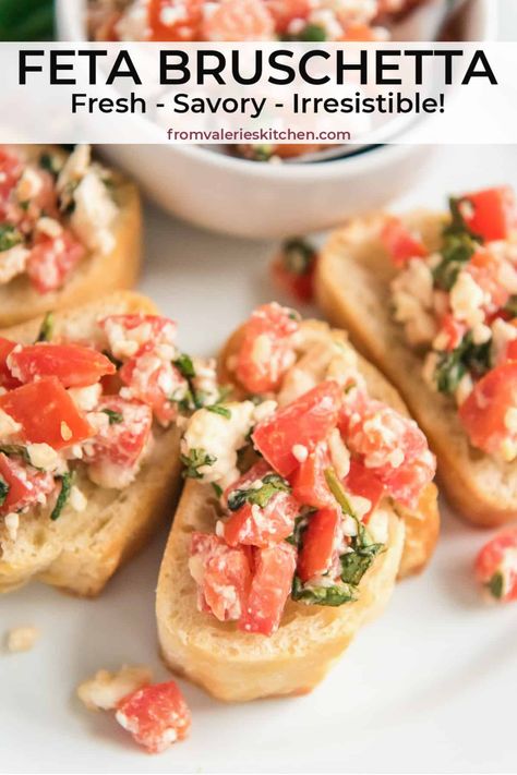 Bruschetta With Feta Recipe, Feta Bruschetta Dip, Feta Cheese Appetizers Appetizer Ideas, How To Use Up Feta Cheese, Brushetta Recipes With Feta, Food With Feta Cheese, Bruschetta Recipe With Feta Cheese, Baguette Recipe Ideas Appetizers, Feta Cheese Snacks