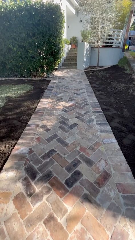 Crazy Pave Porch, Recycled Brick Pathway, Recycled Brick Driveway, Red Brick Landscaping Ideas, Red Brick Pathway, Recycled Brick Path, Recycled Brick Paving, Front Pathway Ideas, Lombok Villa