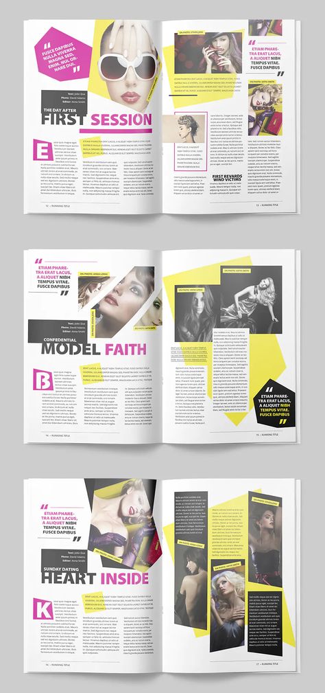 Professional and clean InDesign magazine template. Includes 25 pages for articles, interviews, galleries and showcases. All text editable and comes with placeholder for images. The files are print ready with bleeds. All texts are set with free fonts, and download links are provided. School Magazines Ideas, Magazine Template Edit, Magazine Article Layout Design Ideas, Interview Page Layout Magazine Design, Magazine Interview Layout Design, Magazine Interview Design, Indesign Magazine Template Layout Design, Article Design Layout, Interview Magazine Layout