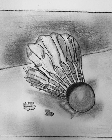 Pencil drawing of a broken feather shuttlecock Shuttlecock Sketch, Sports Drawing Reference, Sport Sketches Drawings, Badminton Drawing Sketch, Playing Badminton Drawing, Badminton Doodle, Shuttlecock Drawing, Badminton Reference, Badminton Tattoo