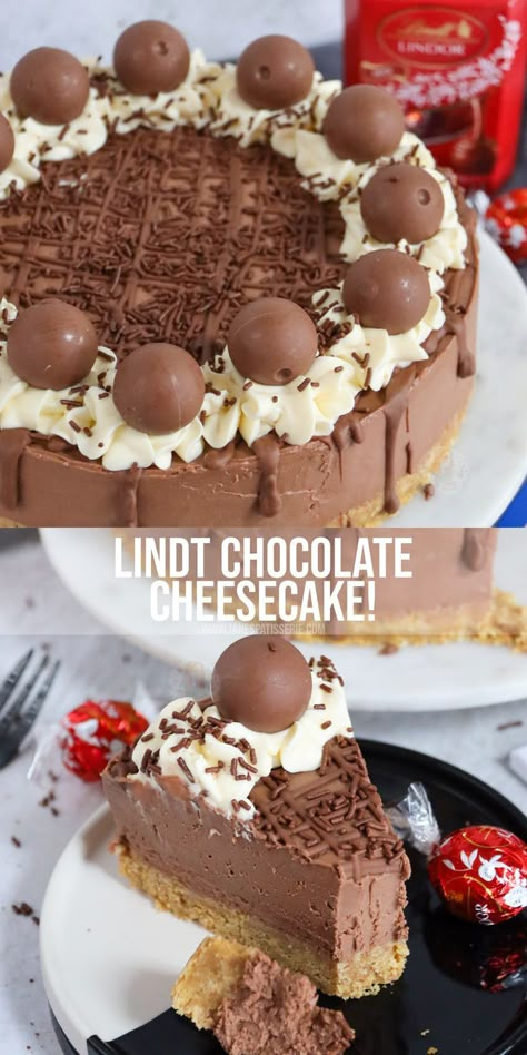 A delicious no-bake Lindt chocolate cheesecake with Lindt truffles and a Lindt chocolate drizzle! Baking Recipes Cheesecake, Cheesecake Recipes Chocolate, Lindt Chocolate Cake, Lindt Cake, Lindt Recipes, Valentine Baking Recipes, Lindt Chocolate Recipes, Best Baking Recipes, Recipes Cheesecake