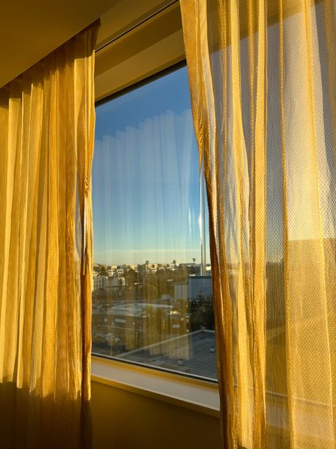 #yellow #curtains #hotel #window #aesthetic Yellow Curtains Aesthetic, Hotel Window Aesthetic, Curtains Behind Bed, Window Aesthetic, Hotel Window, Yellow Curtains, Room Refresh, Messy Room, Yellow Bedroom