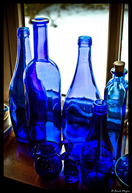 Cobalt Blue Room, Cobalt Glassware, Colored Bottles, Blue Glass Bottle, Blue Cafe, Colored Glass Vases, Blue Glass Bottles, Everything Is Blue, Antique Glass Bottles