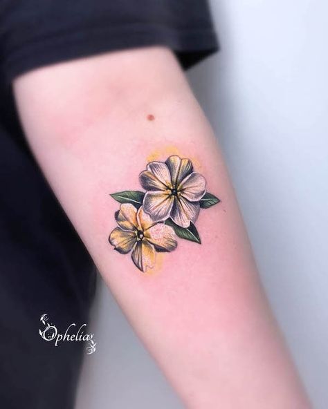 Primrose February birth flower tattoo by @ophelia.bespoke.tattooing Primrose Tattoo Flower, Primrose Tattoo Design, Primrose Flower Tattoo, Primrose Tattoo, Top Forearm Tattoos, Honeysuckle Tattoo, Yellow Tattoo, Marigold Tattoo, Flowers Represent