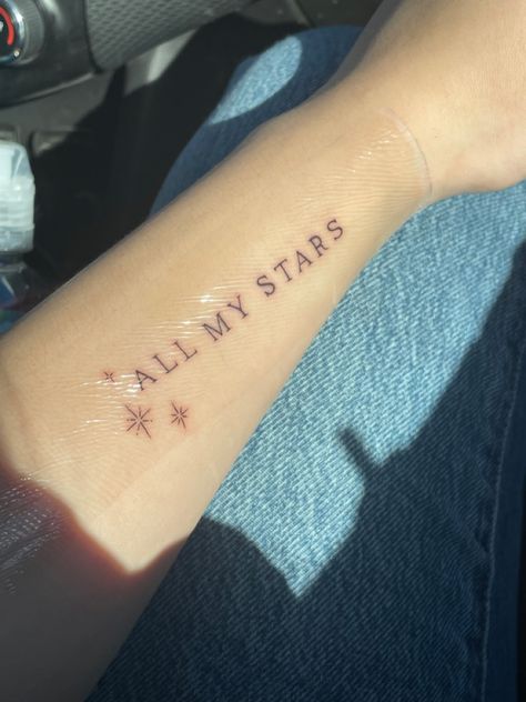 Star Word Tattoo, Reach For The Stars Tattoo, To The Stars Tattoo, Losing Your Mother, Arm Quote Tattoos, Sparkle Tattoo, Stars Tattoo, Talking To The Moon, Handpoke Tattoo