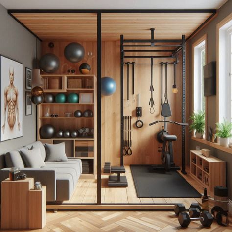 Efficient and compact, these home gym designs are perfect for small spaces. Get the most out of your workout area! #HomeGymIdeas #SmallSpaceDesign #FitnessJourney #CompactHomeGym #WorkoutInspiration Small Gym Area In Home, Elegant Home Gym, Home Gym Spa, In Home Gym Ideas Small Spaces, Home Weight Room, Gym And Office Room Ideas, Home Gym Ideas Small Basements, Home Office Gym Combo Layout, At Home Gym Room Small Spaces