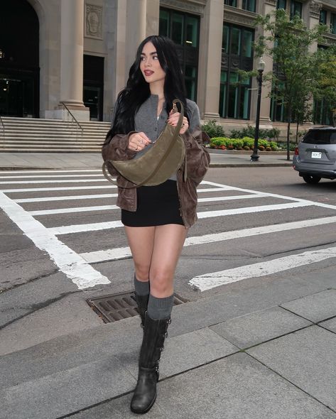 fall layers + moto boots👢 Brown Moto Boots Outfit Fall, Winter Biker Boots Outfit, Shorts And Rain Boots Outfit, Kitten Boots Outfit, Brown Moto Boots Outfit, Moto Boot Outfit, Foldover Boots Outfit, Biker Boots Outfit Winter, Rider Boots Outfit