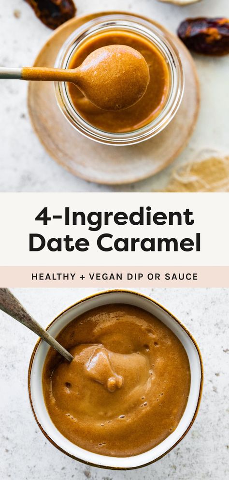 A quick and easy recipe for 4-ingredient date caramel made from Medjool dates. It's perfect as a dip or topping for all your favorite healthy treats. Date Sauce Recipe, Date Paste Recipes, Date Recipes Healthy, Carmel Recipe, Paleo Kids Recipes, Date Caramel, Date Recipes, Allergy Free Recipes, Medjool Dates