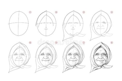 Page shows how to learn to draw sketch of old granny face. Pencil drawing lessons. Educational page for artists. Textbook for vector illustration Face Pencil Drawing, How To Draw People, Beautiful Dawn, Old Granny, Basic Drawing, Draw Sketch, Drawing Lessons, Realistic Drawings, Pencil Drawing