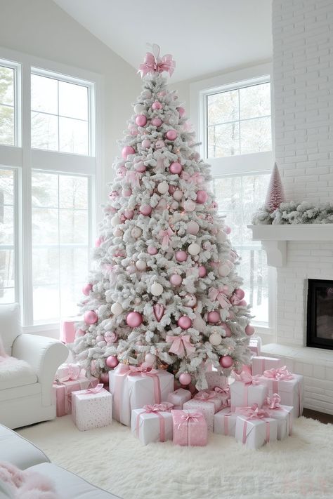 pink and white christmas tree with pink ornaments Pink White Christmas Decor, White Christmas Tree Pink Decorations, Christmas Aesthetic White, Christmas Decor Ideas Pink, Christmas Tree Alternative Ideas, Pink Christmas Ideas, Pink Xmas Decor, Pink Christmas Tree Ideas, Coquette Board