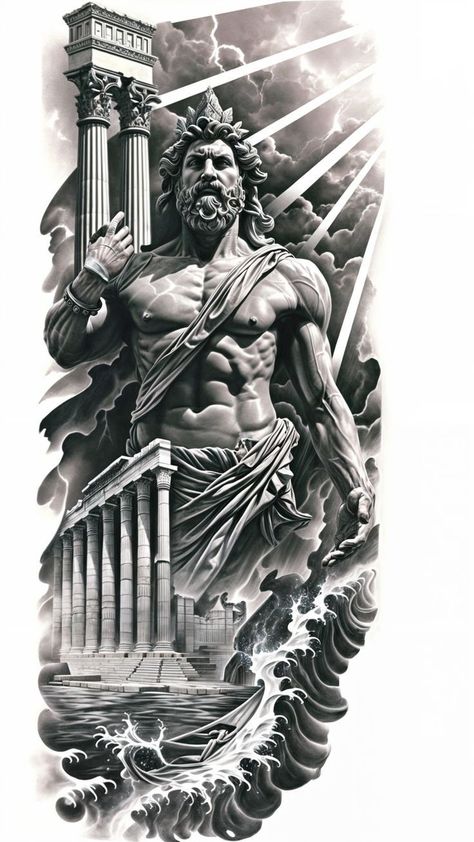 Greek History Tattoo, Greek Mythology Back Tattoo, Greek Mythology Statue, Greek God Tattoo, Poseidon Tattoo, Zeus Tattoo, Statue Tattoo, Greek Mythology Tattoos, God Tattoos