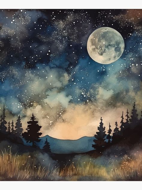 Full Moon Art Illustration, Watercolor Milky Way, Watercolour Night Scene, Dreamy Watercolor Paintings, Watercolor Winter Landscape Tutorial, Watercolour Art Ideas Inspiration, October Watercolor, Night Art Painting, Watercolour Moon