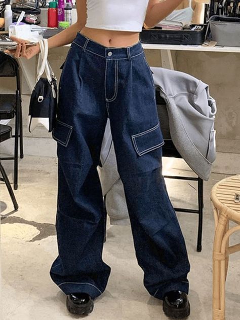 Style: Casual/Street/Vintage/Y2K/Punk/Hip Pop/Preppy Fabric Content: Cotton Blend Fit Type: Loose fit Dark Wash Cargo Jeans Outfit, Drake Concert, Preppy Fabric, Baggy Cargo Jeans, Jeans Online Store, Pockets Design, Y2k Punk, Retro Fits, Jeans Cargo