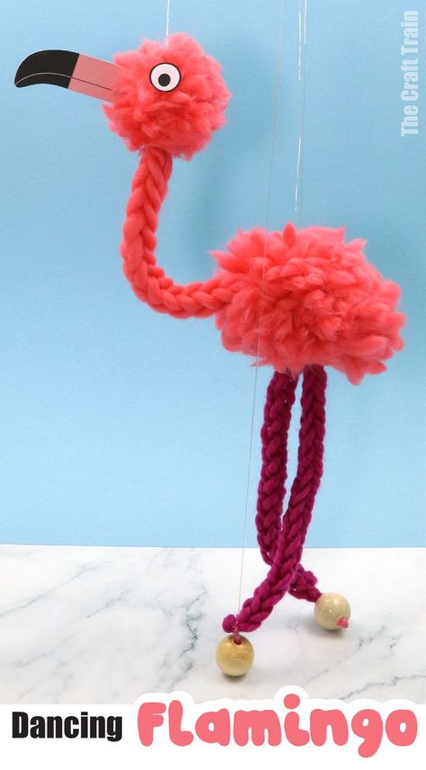 Flamingo Puppet, Pom Pom Template, Easy Pom Pom, Bird Puppet, Idea For Summer, Flamingo Craft, Felt Kids, Puppets Diy, Fluffy Yarn