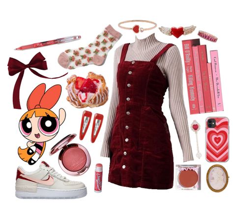 Blossom Ppg Outfit, Retro Themed Party Outfit, Blossom Powerpuff Inspired Outfits, Blossom Powerpuff Outfit Ideas, Blossom Outfit Powerpuff, Cherry Themed Outfit, Blossom Inspired Outfits, Princess Outfits Disney, Cherry Girl Outfit