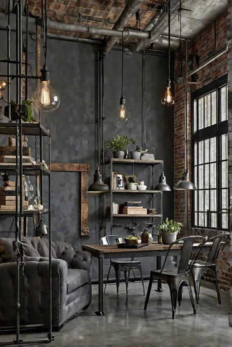 ​ #ad     #Colortrend #wallpaint2024  #color2024  #DIYpainting  ##DIYhomedecor  #Fixhome Post Modern Industrial Interior Design, Interior Design Gray Walls, Sherwin Williams Gauntlet Gray, Industrial Color Scheme, Eclectic Industrial Decor, Farmhouse Wall Colors, Loft Homes, Loft Aesthetic, Eclectic Industrial