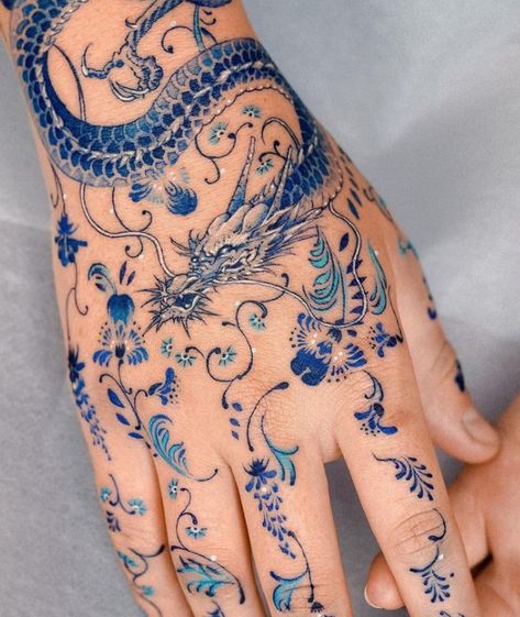 Porcelain Tattoo, Blue Dragon Tattoo, Flower Hip Tattoos, Blue Ink Tattoos, Dragon Tattoo Ideas, Red Dragon Tattoo, Celestial Tattoo, Dragon Sleeve Tattoos, Blue Tattoo