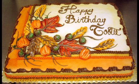 Inspiration for a new cake project! :) --harvest beauty from Harps grocery stores bakery Fall Theme Cakes, Thanksgiving Cakes Decorating, Fall Cakes Decorating, Sheet Cakes Decorated, Autumn Cakes, Thanksgiving Sweets, Cake And Flowers, Sheet Cake Designs, Fall Cake