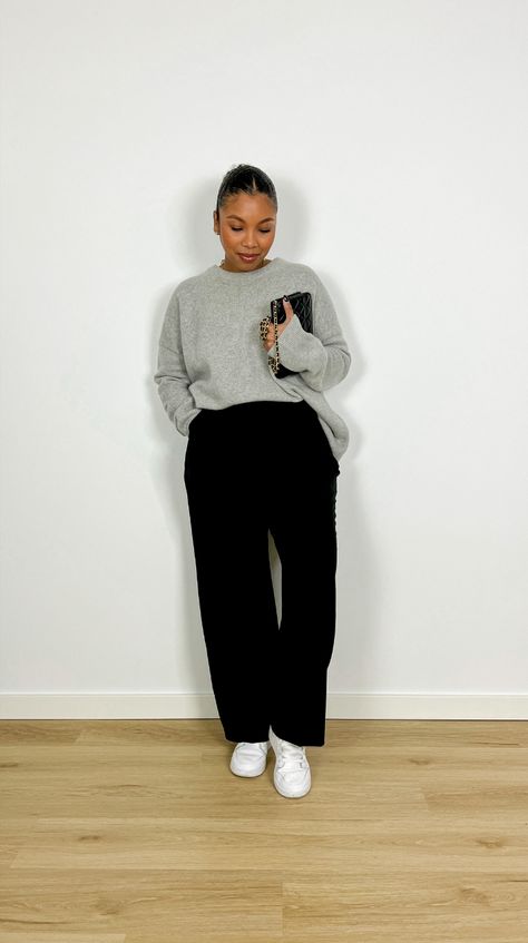 Office Trainers Outfit, Turtleneck And Trousers Outfit, Comfy Outfits Teacher, Jumper And Trousers Outfit, Business Casual With Sweater, White Button Down Shirt Work Outfit, Business Casual Sweatshirt Outfit, Modest Outfits For Black Women, Smart Casual Women Black