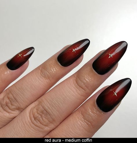 red airbrushed aura on a black base + gold sparkle in the center Medium Almond Gel Nails Ideas, Red Aura Nails With Gold, Cherry Red Halloween Nails, Reddish Black Nails, Simple Nail Gem Designs, Gothic Short Nail Designs, 2024 Red Nails, Black Nail Sets Almond, Black Red Aura Nails