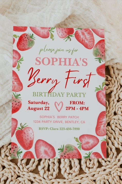 Berry First Birthday Invitation | Strawberry Berry First Birthday Invitation. Ready to be personalized by you! #birthday #happybirthday #birthdaycards #birthdayparty #firstbirthday #turningone #berry #strawberry Strawberry Shortcake Birthday, Baby Birthday Themes, Baby Girl Birthday, Pink Birthday, 1st Birthday Invitations, First Birthday Invitations, Strawberry Shortcake, Baby Birthday, 3rd Birthday