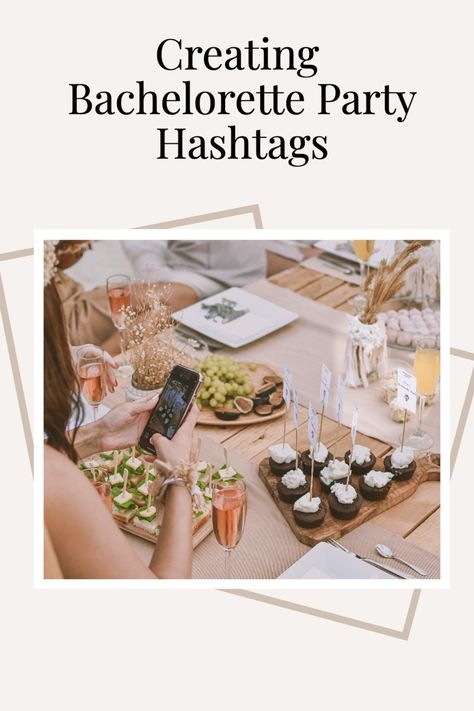 Woman taking a photo of food set up at a bachelorette party. Bachelorette Hashtags, Bachelorette Party Hashtags, Bachelorette Party Themed, Ideas For Bachelorette Party, Brunch Wedding Food, Bachelorette Party Budget, Wedding Reception Food Buffet, Destination Bachelorette, Wedding Brunch Reception