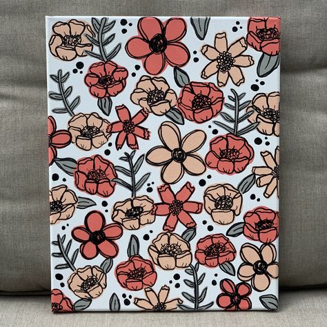 Hand painted canvas with pink and coral colored flowers Painted Flowers With Black Outline, Flower Painting With Black Outline, Outline Flower Painting, Outlined Flower Painting, Acrylic Paint Pen Flowers, 2 Canvas Painting Ideas Easy, Paint Pen Flowers, Outline Painting Canvas, Acrylic Paint Pen Art