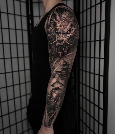 Dragon Full Arm Tattoo, Dragon Full Sleeve Tattoo Design, Japan Sleeve Tattoo, Japanese Realism Tattoo, Full Arm Tattoo Design, Dragon Tattoo Full Sleeve, Full Sleeve Tattoo Ideas, Half Arm Sleeve Tattoo, Samurai Tattoo Sleeve