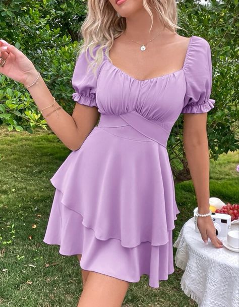 Purple Dress Aesthetic, Purple Dress Outfit, Vestidos Color Pastel, Purple Dress Outfits, Purple Dress Short, Layered Hem Dress, Purple Summer Dress, Purple Short Dress, Light Purple Dress