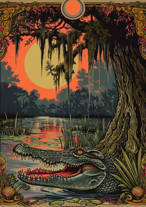 ✨💡Get Amazing Midjourney Prompts - Click on Link in my Bio🌐🔗 Swamp Goth, Bayou Aesthetic, Swamp Illustration, Swamp Louisiana, Gator Art, Unknown Creatures, Wildlife Quilts, Florida Wildlife, Cypress Knees