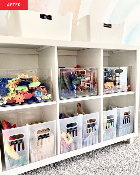 white cubby storage shelves, storage bins with labels, storage bins on top of shelves, rainbow mural, carpet Santos, Organisation, Functional Toy Storage, Kids Art Supplies Organization, Playroom Organization Small Space, Cubby Organization Ideas, Organizing Toddler Toys, Toy Room Organization On A Budget, Kids Playroom Storage Ideas