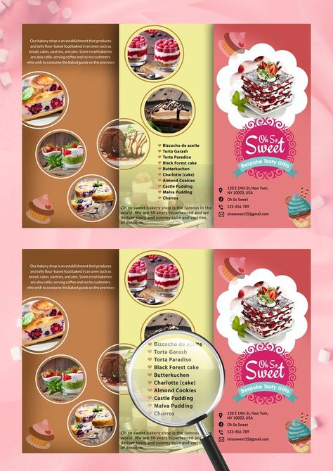 If you want to promote you Bakery shop business then download this eye-catching graphic design brochure template. It has a high-quality layouts, photos and graphic files to attract customers to your shop who will pass by this template. You can edit its design features that include replaceable images, as well as replaceable colors, shapes, text. You can set it up without any problem. For more design , and create your own design by your choice. Connect with us. 9903609509 📲 Malva Pudding, Charlotte Cake, Brochure Design Creative, Business Brochure Design, Brochure Design Layout, Pamphlet Design, Graphic Design Brochure, Black Forest Cake, Attract Customers