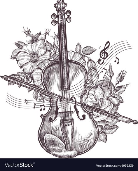 Violin Art Drawing, Violin Drawing, Violin Tattoo, Vintage Violin, Music Notes Art, Violin Art, Art Coquillage, Music Drawings, Flowers Vector