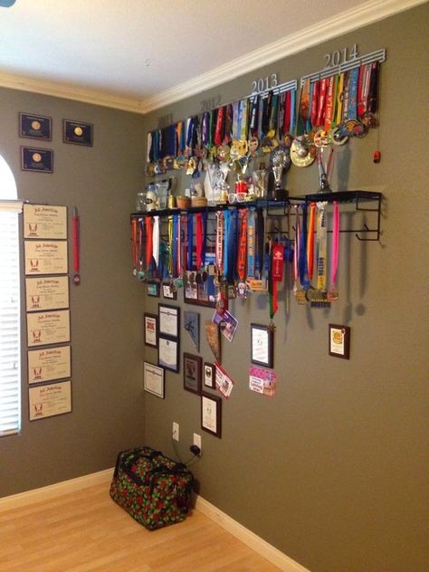 My Finisher Medals & Award wall Medal Display Ideas, Sports Medal Display, Trophy Display, Race Medal, Running Medals, Award Display, Sports Medals, Trophies And Medals, Student Christmas Gifts