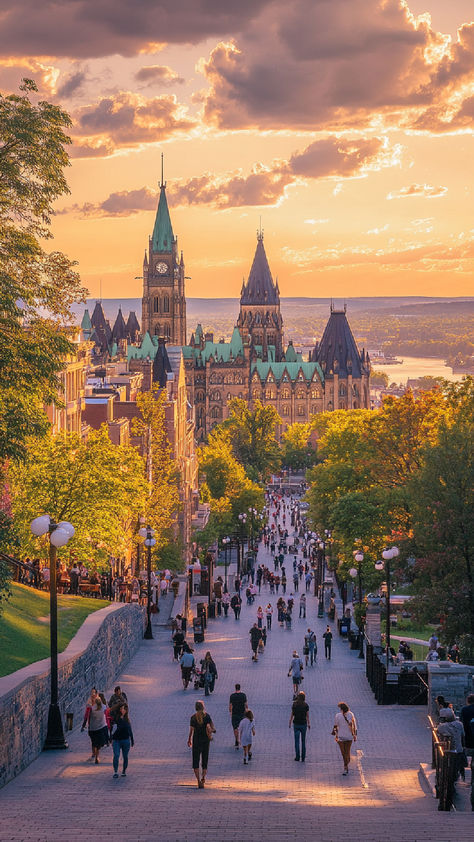 A bustling street in Canada at sunset, leading to a grand, historic building with a green copper roof, surrounded by trees and filled with people enjoying the evening. Canada Vancouver City, Canada Countryside, Canada Vibes, Vancouver Canada Photography, Peaceful Countryside, Living In Canada, Vancouver City, Beautiful Places To Live, Calgary Canada