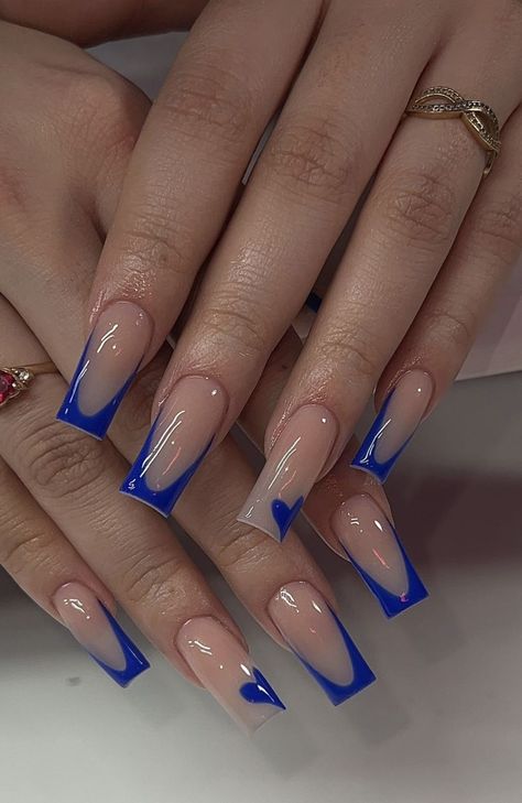 Cute Royal Blue Nails Short, Blue Nails With French Tip, Royal Blue Nails French Tips, Blue Medium Nails, Electric Blue Nails Acrylic, Blue Chrome Acrylic Nails, Dark Blue And Gold Nails, Navy Blue French Tips, Blue New Years Nails