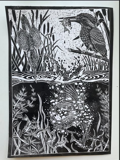 Kingfisher, Pond Scene is an original hand made, single colour linocut print depicting the sequence of a kingfisher catching a fish.  This print is relieved on white printing paper, linocut is an artisanal hand printed process with beauty lying in the small variations and defects. Each print is unique to its own imperfections and all vary slightly, your chosen image may not be the exact image as pictured. This print is signed by the artist on the reverse, this is an open edition print.  Sold without frame. The packaging is as eco friendly as possible, please recycle what you can.  Size A4 Height 297mm X Width 210mm If you are interested in seeing more of my work and creative process please visit me on my Instagram or my website. And feel free to get in touch, I always love to hear from you Linocut Prints Art, Linocut Tutorial, Lino Print Artists, Linocut Artists, Woodblock Printing, Woodcut Print, Linocut Printmaking, Lino Art, Relief Printing