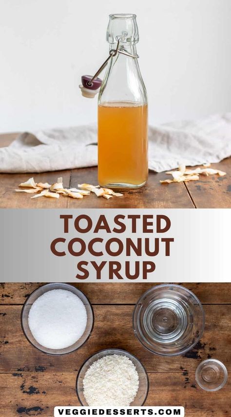 Homemade Toasted Coconut Syrup is simple to make and you only need shredded coconut, sugar and water. For drinks, desserts or pancakes! Coconut Tea Recipe, Coconut Syrup Recipe, Tea Syrup Recipe, Coconut Water Drinks, Homemade Coffee Syrup, Coconut Tea, Mango Pineapple Smoothie, Tea Drink Recipes, Coconut Syrup