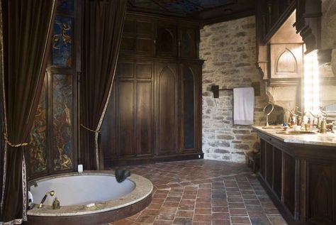 Photo gallery and virtual visit of the montbrun castle for sale Black Walls Bedroom, Bathroom Stone, Gothic Bathroom, Gothic Interior, Castle Home, Castles Interior, Stone Walls, Wood Molding, Dream Bathrooms