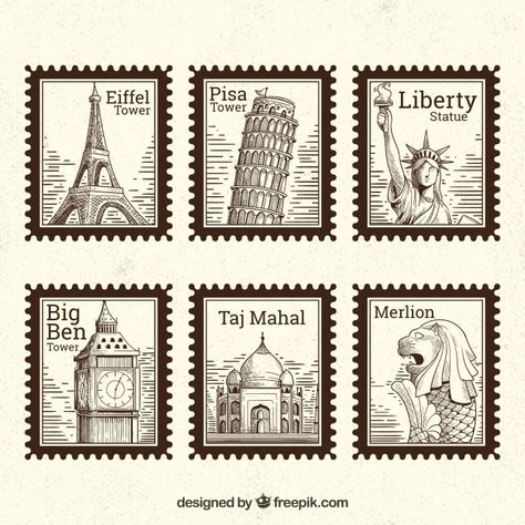 Set of landmark stamps with different cities in hand drawn style Free Vector Kertas Vintage, طوابع بريد, Penanda Buku, Postage Stamp Design, Different Cities, Album Journal, طابع بريدي, Travel Stamp, Scrapbook Stickers Printable