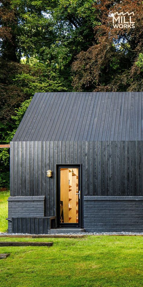 Siberian Larch timber cladding with Mokuzai® (shou sugi ban) surface charring. Brushed and vaccum coated in Millcoat® - Matt Black. Burnt Timber, Larch Cladding, Timber Cabin, House Cladding, Black Barn, Sugi Ban, Shou Sugi Ban, Timber Cladding, Exterior Cladding