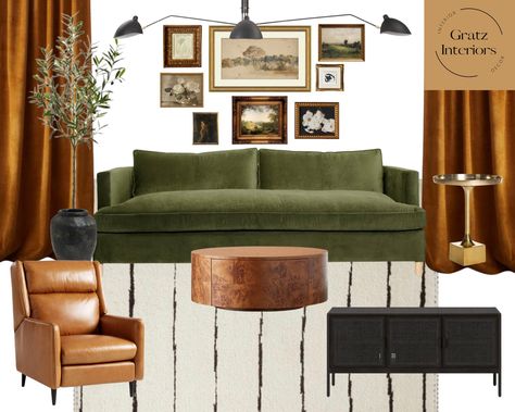 Green Couch Living Room Mid Century, Green Couch Brown Chair, Green Suede Couch Living Rooms, Green Sofa Apartment Living Room, Green Mustard Black Living Room, Office With Green Couch, Mid Century Modern Living Room Green Sofa, Mcm Living Room Green Couch, Jade Green Couch