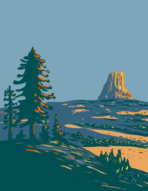 Devils Tower National Monument Wyoming During Summer WPA Poster Art Wyoming Aesthetic, Devils Tower National Monument, Wpa Posters, Advertisement Poster, Art Advertisement, Devils Tower, Poster Vintage, National Monuments, Vector Pattern