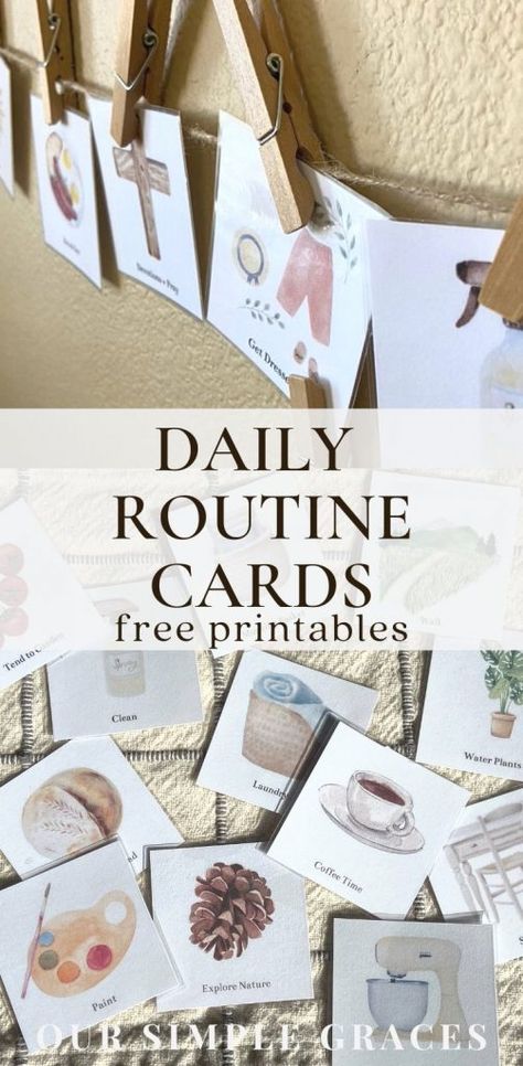 Whether you have toddlers, homeschool or have your kids in private or public school, these daily routine schedule printables are so helpful in keeping a flow throughout your days. Your kids will love being able to help order the cards to fit the day. With over 40 cards and activities to choose from, there should be something for every age! Homeschool Daily Routine, Daily Routine Cards Free Printable, Routine Cards For Kids Free Printable, Daily Chart For Kids, Kids Schedule Chart Daily Routines, Toddler Routine Schedule, Daily Routine Schedule For Kids, Toddler Daily Routine Chart, Kid Schedule Chart Daily Routines